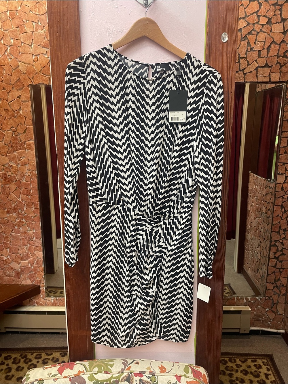 The Kooples Black & White Zigzag Long-Sleeve Wrap Dress